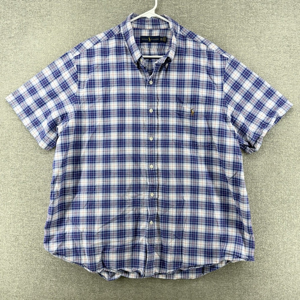 Ralph Lauren Shirt Men Size XXL Blue Plaid Short Sleeve Button Up Casual